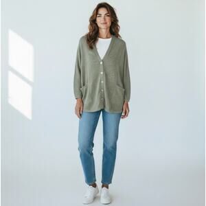 BAREFOOT DREAMS CozyChic Lite Boxy Cardigan Sweater Sage Olive Green Large L